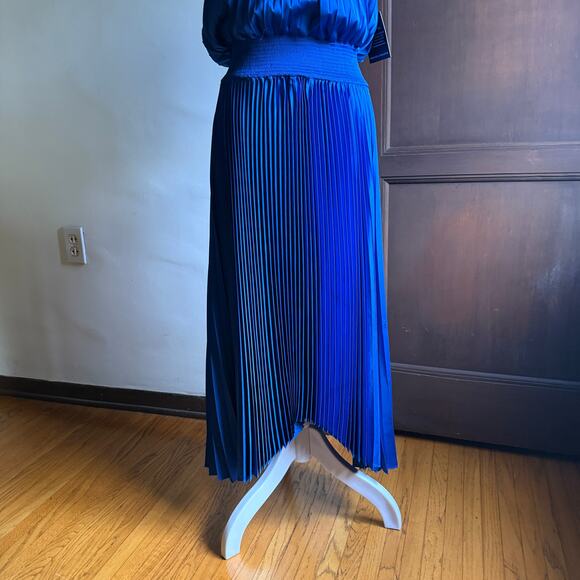 BOSTON PROPER | Blue Pleated Charmeuse HIgh Neck Midi Dress | Medium - Picture 3 of 7